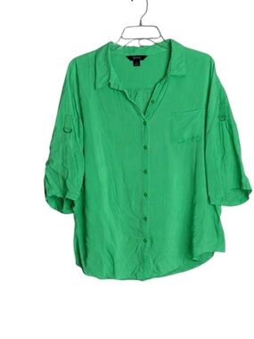 Intro Casual Elegance XL Bright Green Rayon Roll Tab Button Front Blouse